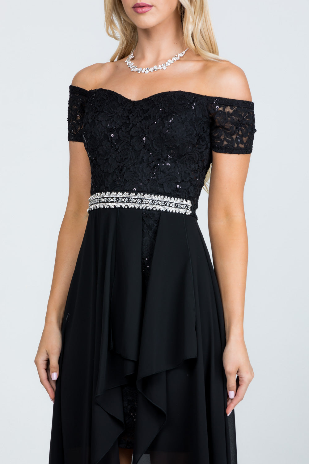 Embellished off the shoulder, trance lace and chelsea chiffon fabric, Lila high-low surplus dress