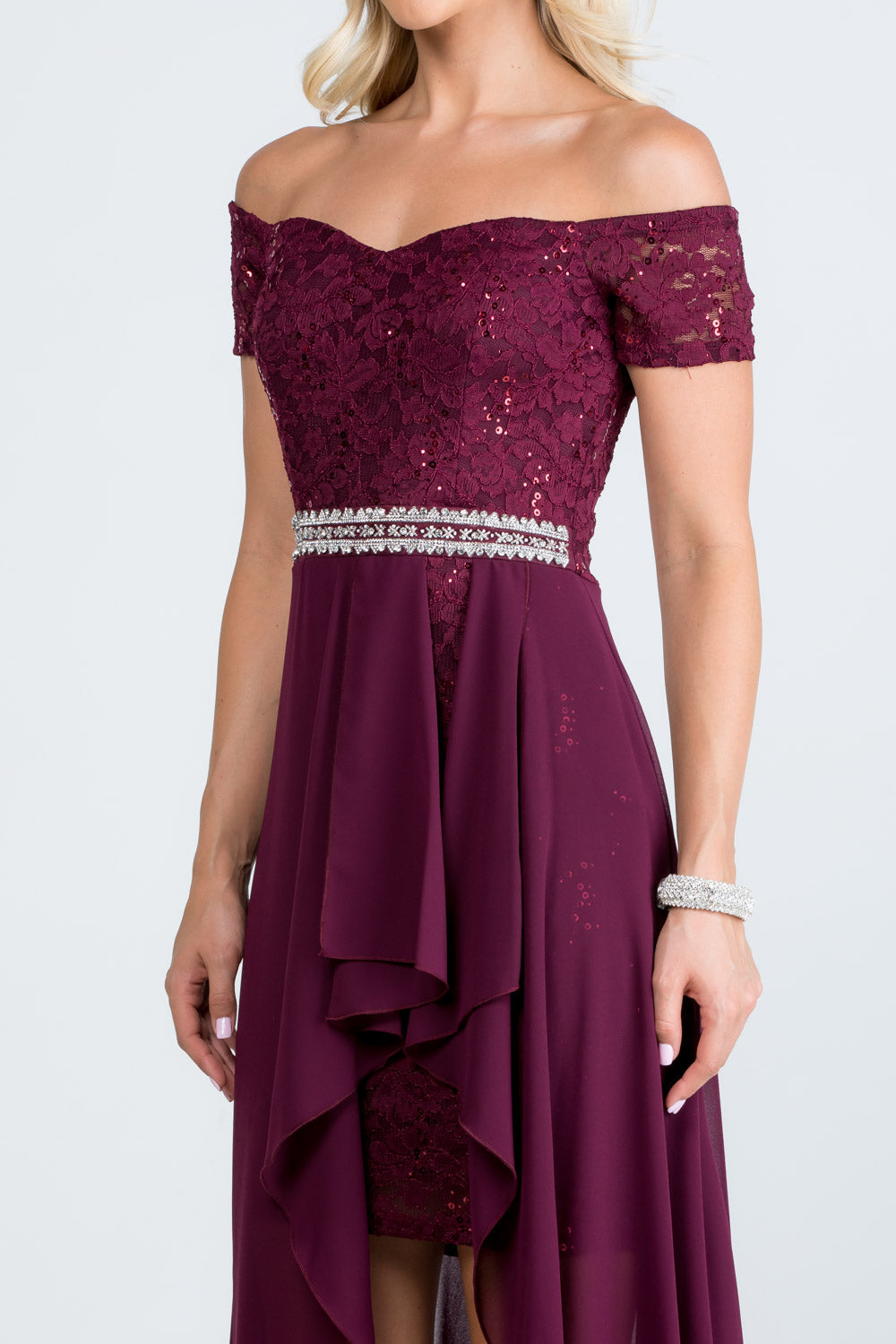 Embellished off the shoulder, trance lace and chelsea chiffon fabric, Lila high-low surplus dress