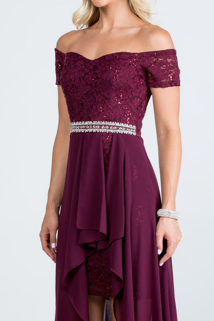 Embellished off the shoulder, trance lace and chelsea chiffon fabric, Lila high-low surplus dress