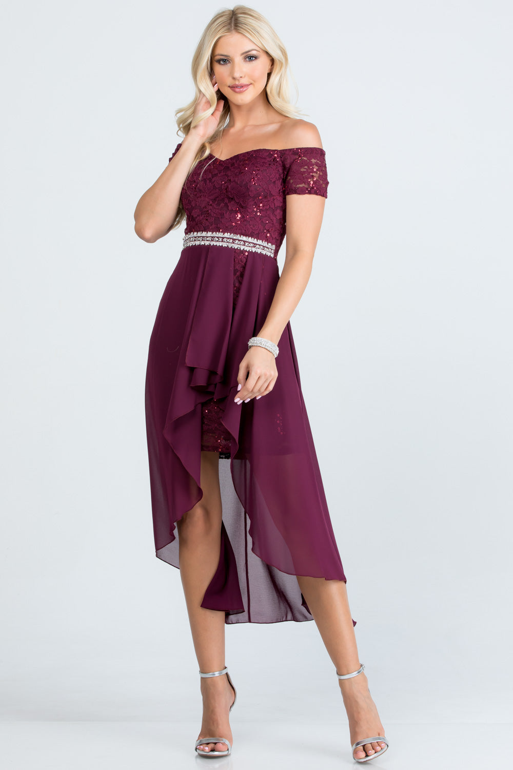 Embellished off the shoulder, trance lace and chelsea chiffon fabric, Lila high-low surplus dress