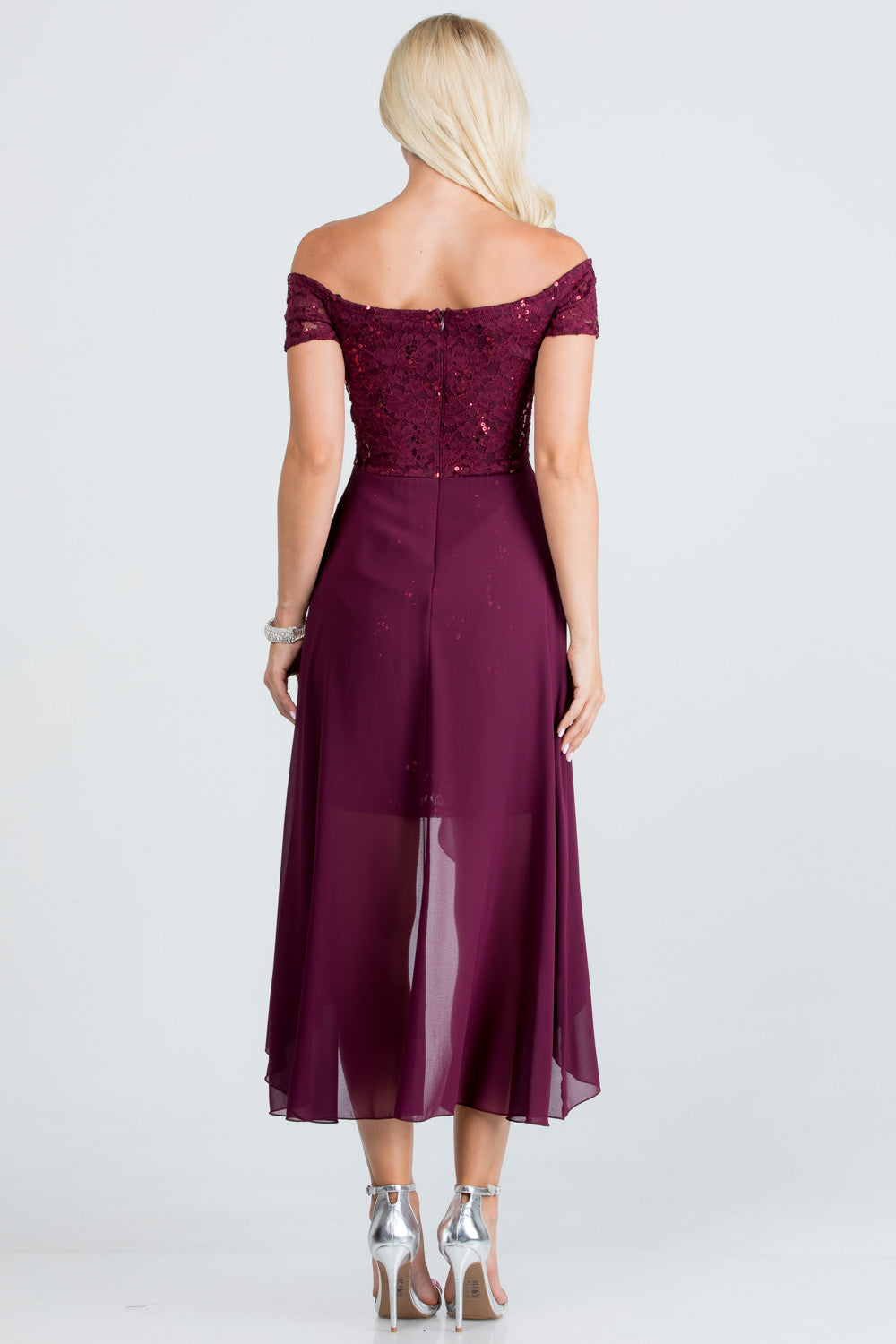 Embellished off the shoulder, trance lace and chelsea chiffon fabric, Lila high-low surplus dress