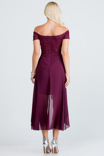 Embellished off the shoulder, trance lace and chelsea chiffon fabric, Lila high-low surplus dress