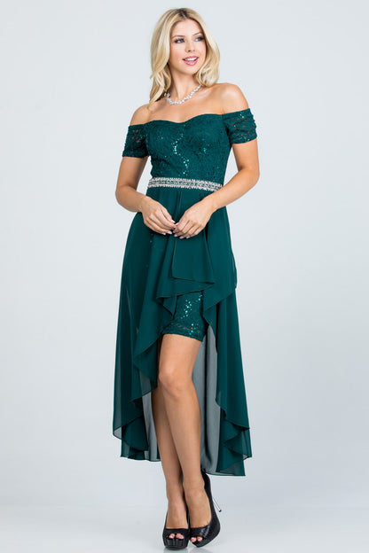 Embellished off the shoulder, trance lace and chelsea chiffon fabric, Lila high-low surplus dress
