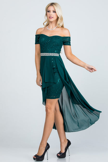 Embellished off the shoulder, trance lace and chelsea chiffon fabric, Lila high-low surplus dress