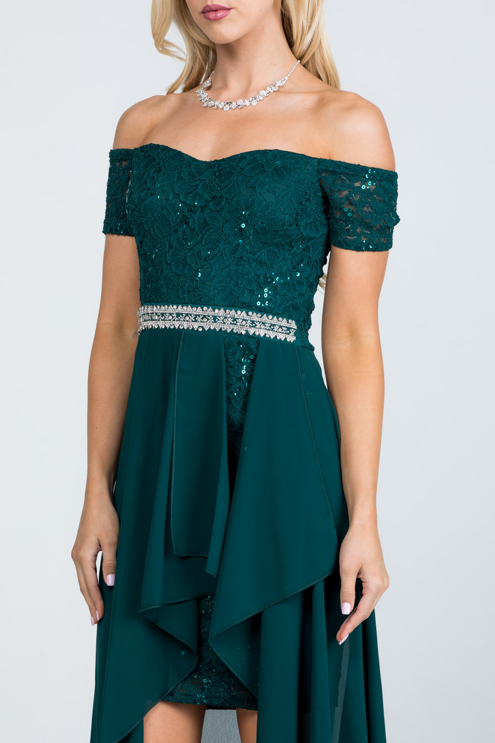 Embellished off the shoulder, trance lace and chelsea chiffon fabric, Lila high-low surplus dress