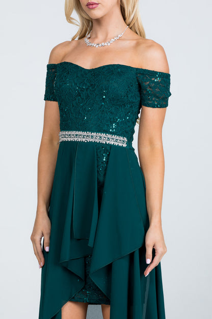 Embellished off the shoulder, trance lace and chelsea chiffon fabric, Lila high-low surplus dress