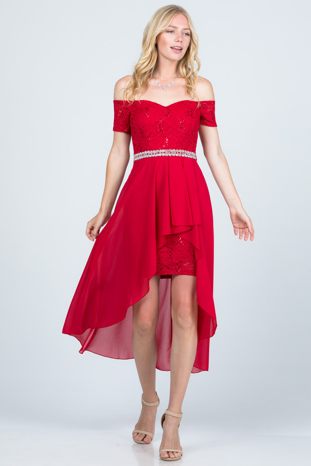 Embellished off the shoulder, trance lace and chelsea chiffon fabric, Lila high-low surplus dress