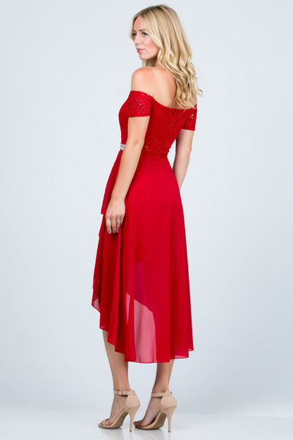 Embellished off the shoulder, trance lace and chelsea chiffon fabric, Lila high-low surplus dress