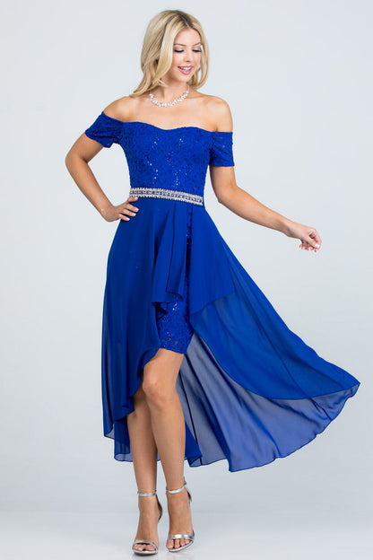 Embellished off the shoulder, trance lace and chelsea chiffon fabric, Lila high-low surplus dress