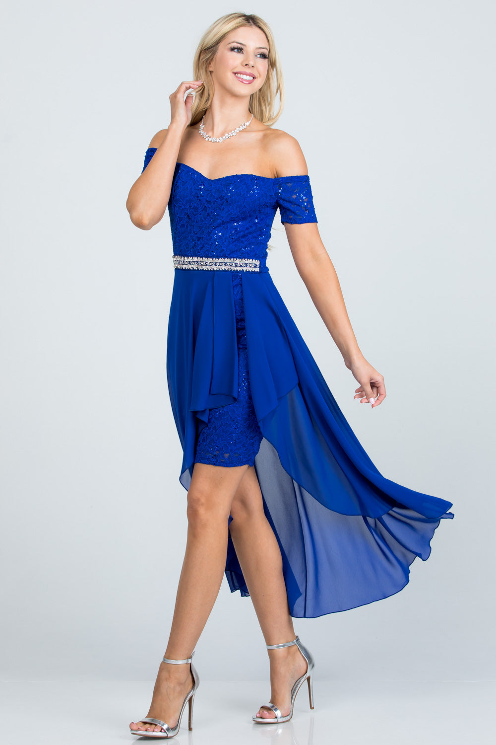 Embellished off the shoulder, trance lace and chelsea chiffon fabric, Lila high-low surplus dress