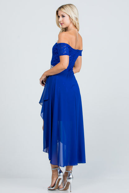 Embellished off the shoulder, trance lace and chelsea chiffon fabric, Lila high-low surplus dress