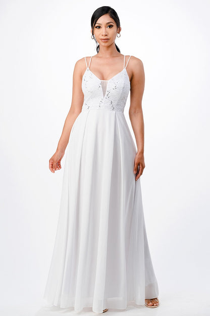 Full length double spaghetti strap sequin lace and chiffon dress with mesh insert on the front. Young contemporary for prom, homecoming graduation or cocktail events