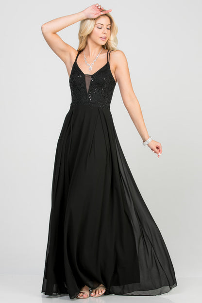 Full length double spaghetti strap sequin lace and chiffon dress with mesh insert on the front. Young contemporary for prom, homecoming graduation or cocktail events