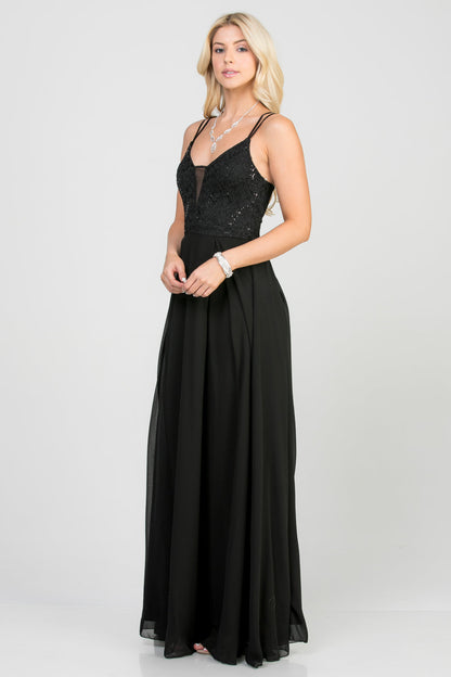 Full length double spaghetti strap sequin lace and chiffon dress with mesh insert on the front. Young contemporary for prom, homecoming graduation or cocktail events
