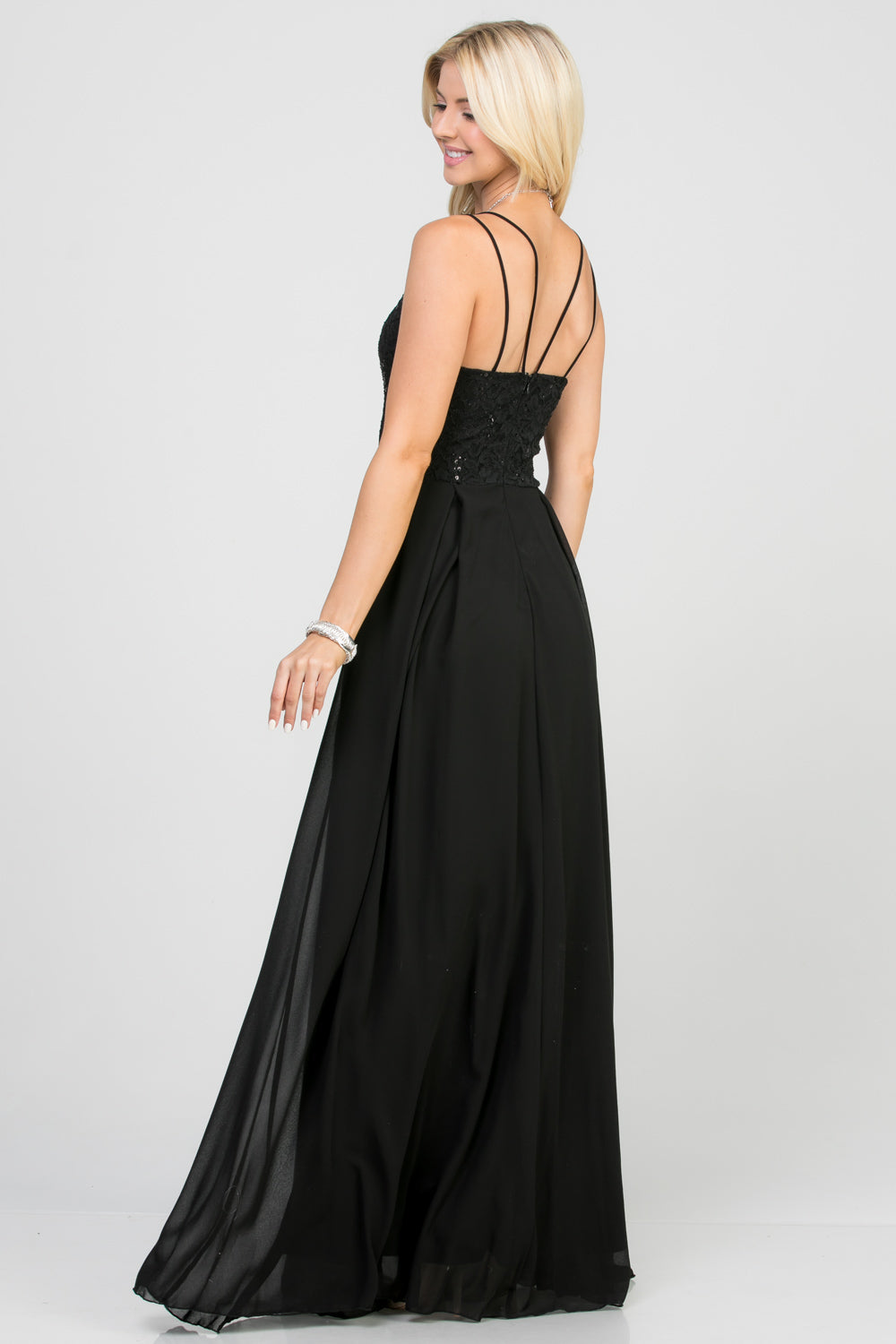 Full length double spaghetti strap sequin lace and chiffon dress with mesh insert on the front. Young contemporary for prom, homecoming graduation or cocktail events