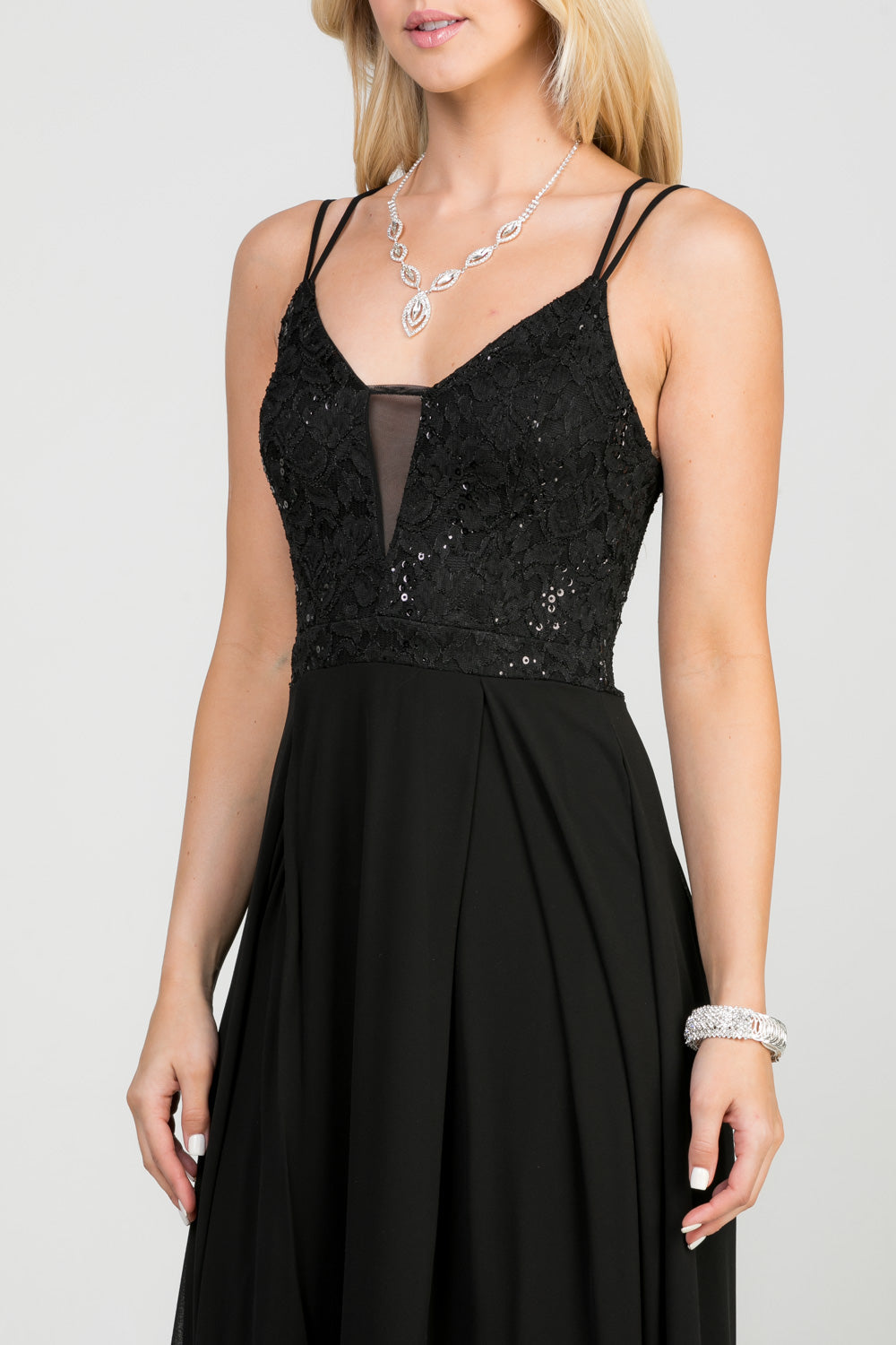 Full length double spaghetti strap sequin lace and chiffon dress with mesh insert on the front. Young contemporary for prom, homecoming graduation or cocktail events