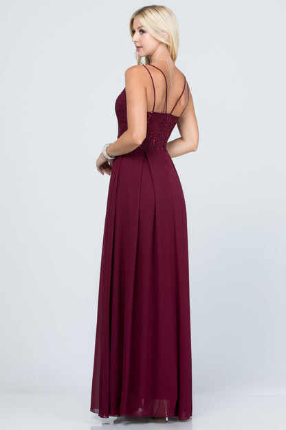 Full length double spaghetti strap sequin lace and chiffon dress with mesh insert on the front. Young contemporary for prom, homecoming graduation or cocktail events