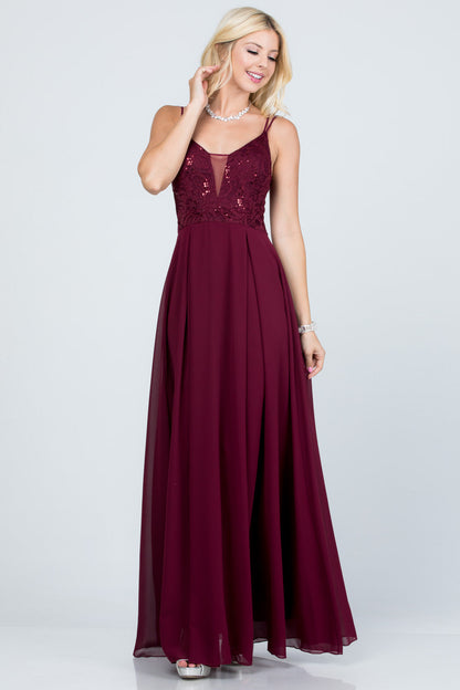 Full length double spaghetti strap sequin lace and chiffon dress with mesh insert on the front. Young contemporary for prom, homecoming graduation or cocktail events