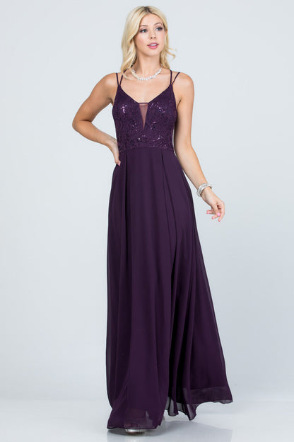 Full length double spaghetti strap sequin lace and chiffon dress with mesh insert on the front. Young contemporary for prom, homecoming graduation or cocktail events