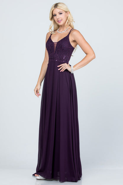 Full length double spaghetti strap sequin lace and chiffon dress with mesh insert on the front. Young contemporary for prom, homecoming graduation or cocktail events