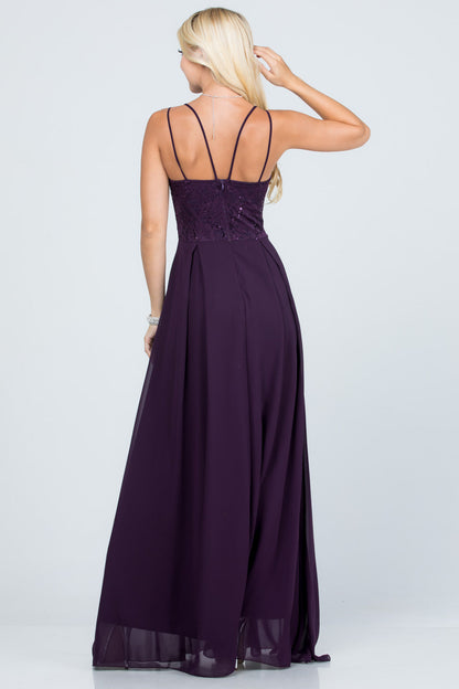 Full length double spaghetti strap sequin lace and chiffon dress with mesh insert on the front. Young contemporary for prom, homecoming graduation or cocktail events