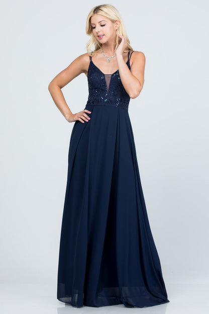 Full length double spaghetti strap sequin lace and chiffon dress with mesh insert on the front. Young contemporary for prom, homecoming graduation or cocktail events