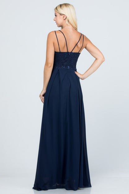 Full length double spaghetti strap sequin lace and chiffon dress with mesh insert on the front. Young contemporary for prom, homecoming graduation or cocktail events