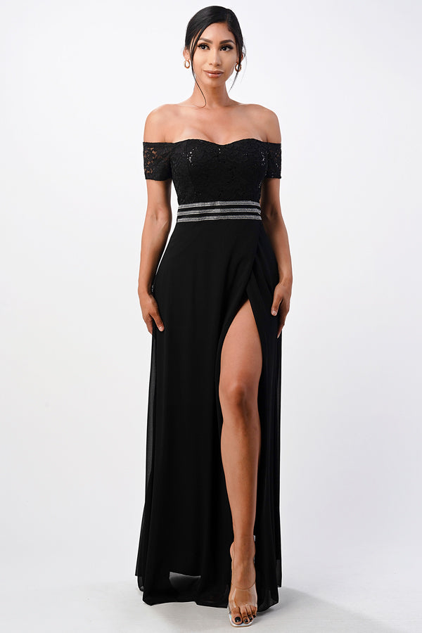 Off the shoulder waist embellished open side sequin lace and chelsea chiffon gown