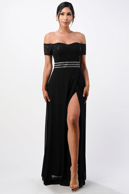Off the shoulder waist embellished open side sequin lace and chelsea chiffon gown