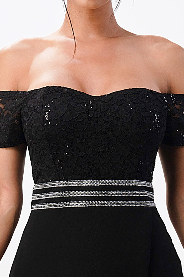 Off the shoulder waist embellished open side sequin lace and chelsea chiffon gown
