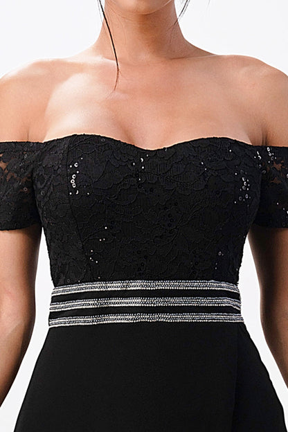 Off the shoulder waist embellished open side sequin lace and chelsea chiffon gown