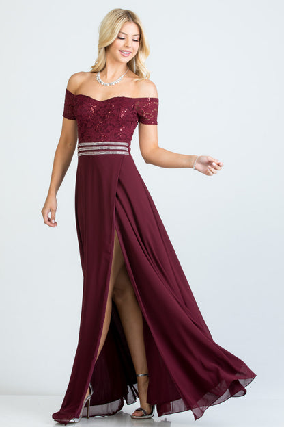 Off the shoulder waist embellished open side sequin lace and chelsea chiffon gown