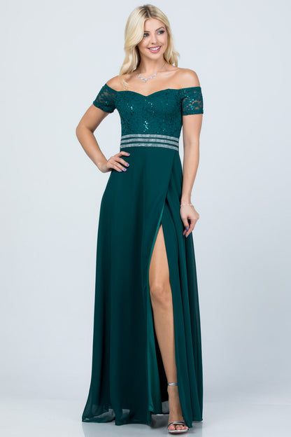Off the shoulder waist embellished open side sequin lace and chelsea chiffon gown