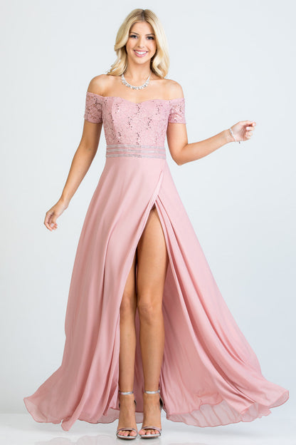Off the shoulder waist embellished open side sequin lace and chelsea chiffon gown