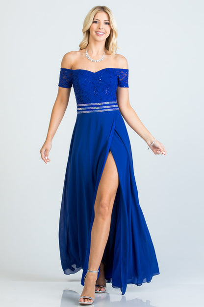 Off the shoulder waist embellished open side sequin lace and chelsea chiffon gown
