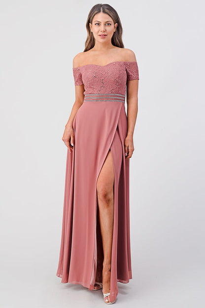 Off the shoulder waist embellished open side sequin lace and chelsea chiffon gown