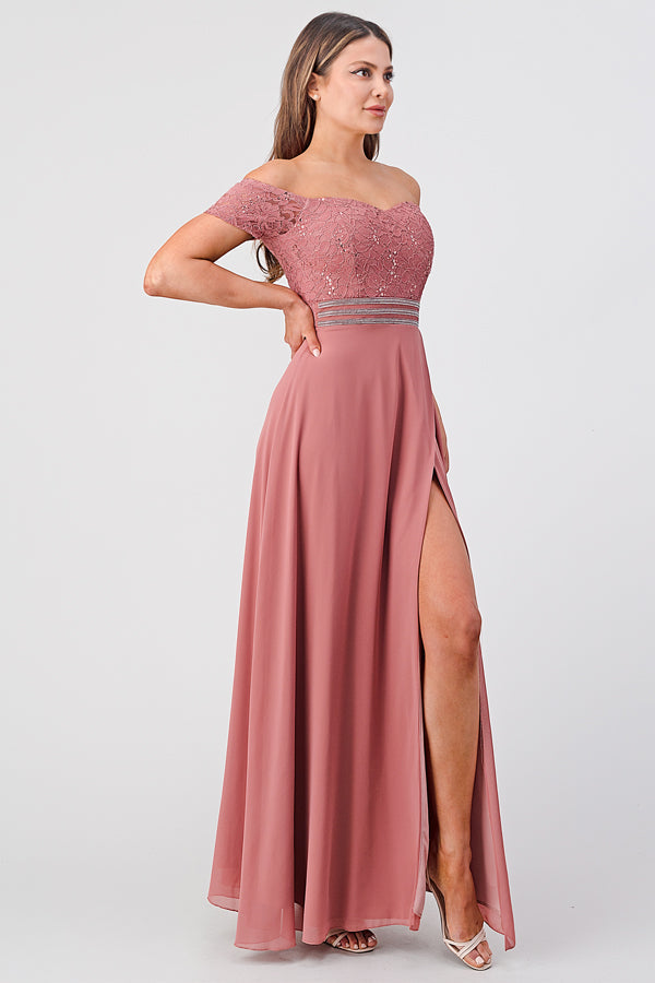Off the shoulder waist embellished open side sequin lace and chelsea chiffon gown