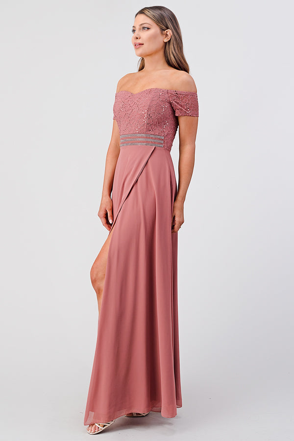 Off the shoulder waist embellished open side sequin lace and chelsea chiffon gown
