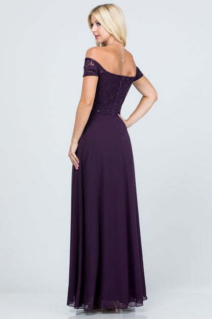 Off the shoulder waist embellished open side sequin lace and chelsea chiffon gown