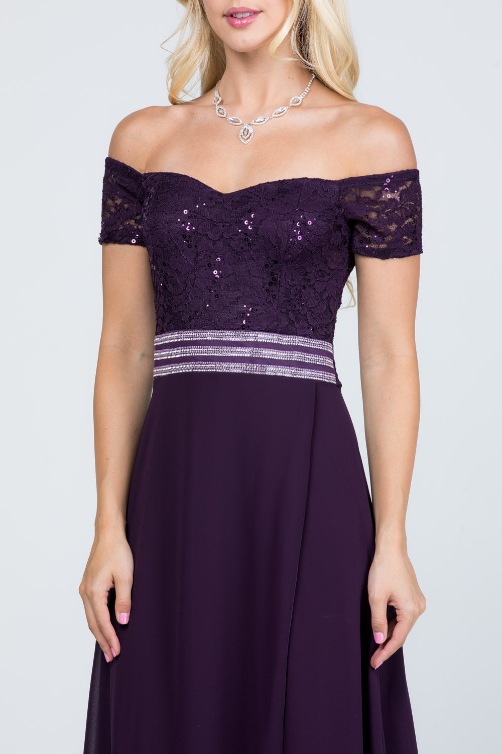 Off the shoulder waist embellished open side sequin lace and chelsea chiffon gown