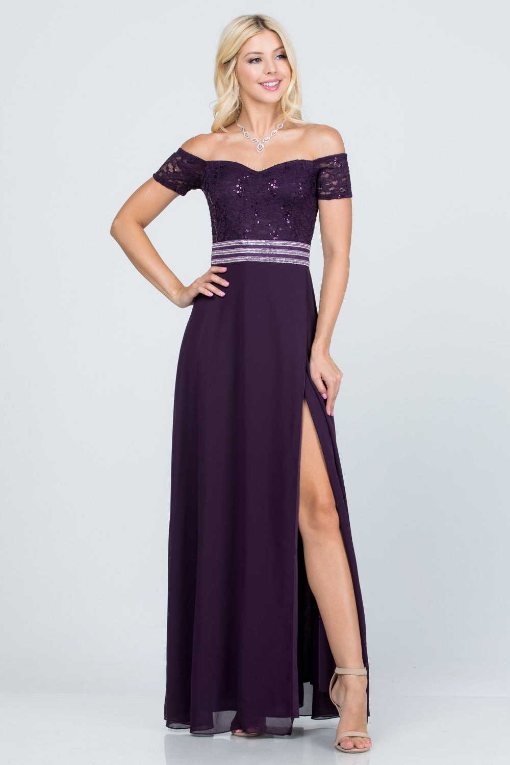 Off the shoulder waist embellished open side sequin lace and chelsea chiffon gown