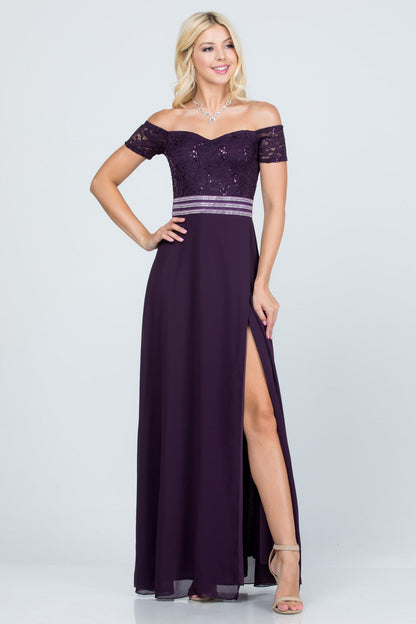 Off the shoulder waist embellished open side sequin lace and chelsea chiffon gown