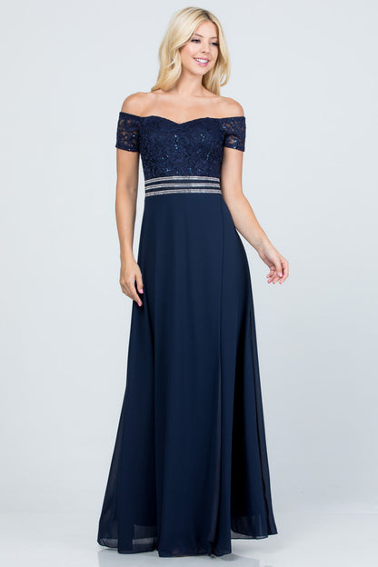 Off the shoulder waist embellished open side sequin lace and chelsea chiffon gown
