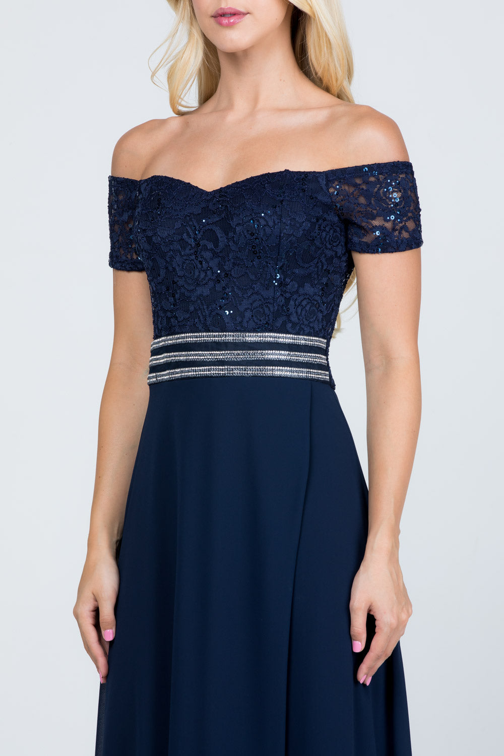 Off the shoulder waist embellished open side sequin lace and chelsea chiffon gown