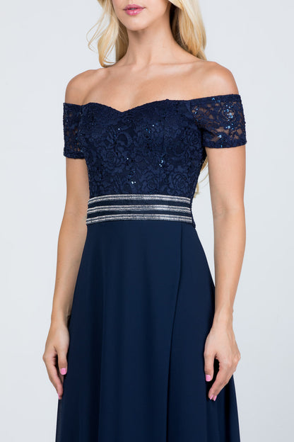 Off the shoulder waist embellished open side sequin lace and chelsea chiffon gown