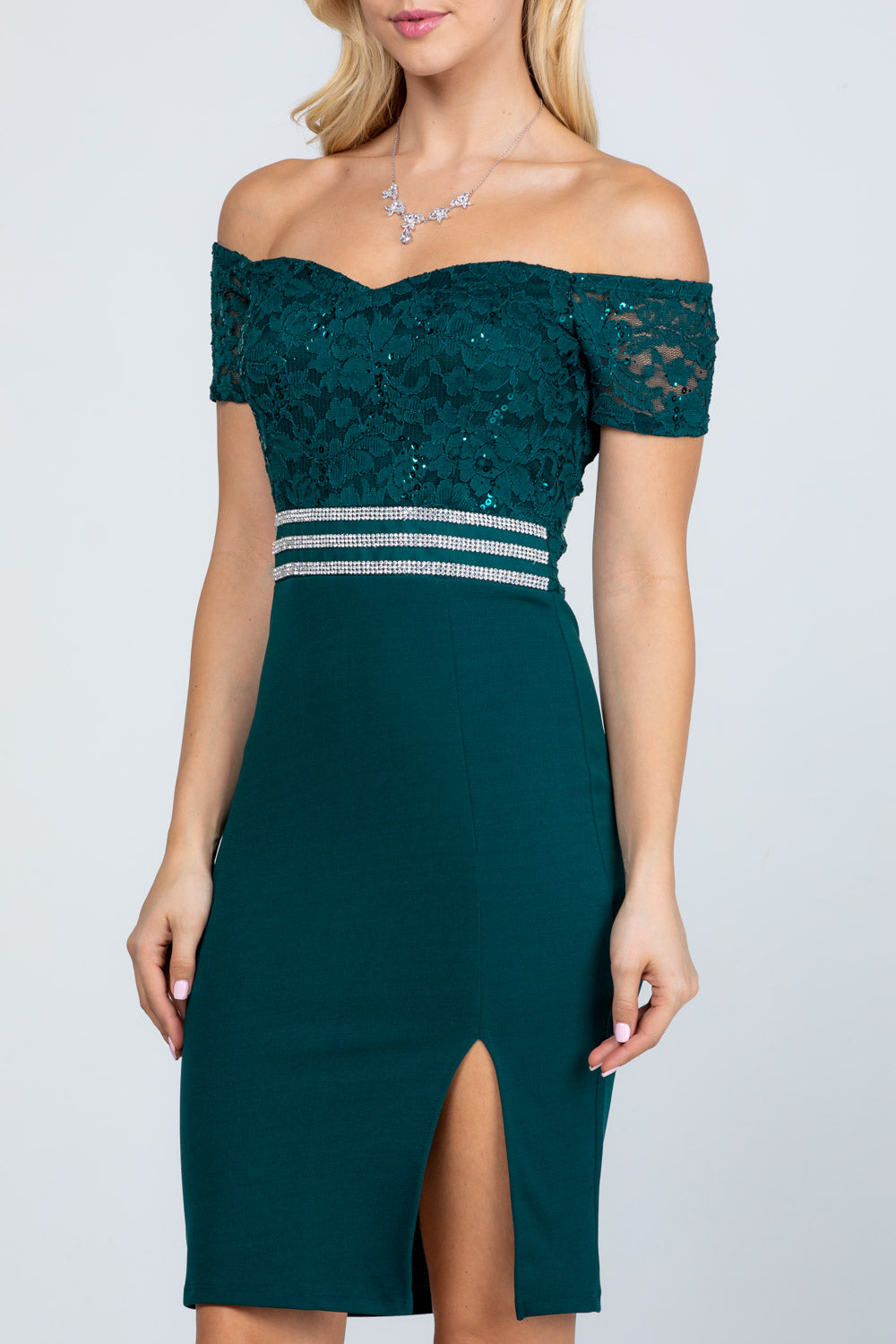 Off the shoulder embellished waist sequin lace and scuba crepe pencil dress with slit