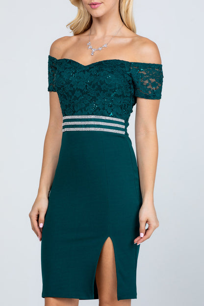 Off the shoulder embellished waist sequin lace and scuba crepe pencil dress with slit