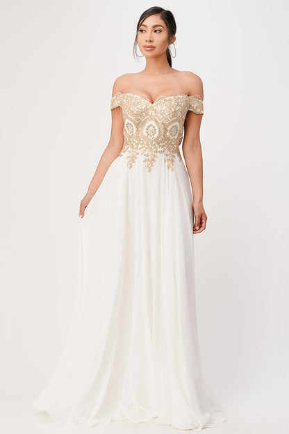 Off the shoulder chiffon gown embellished with gold lace appliques