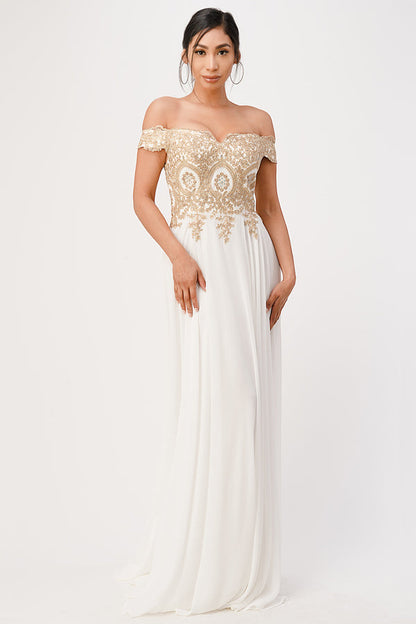 Off the shoulder chiffon gown embellished with gold lace appliques