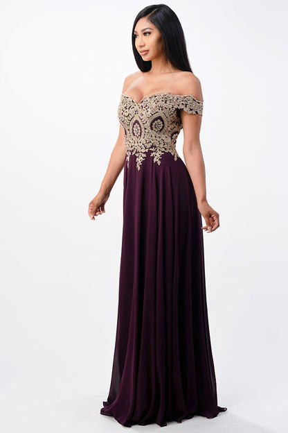 PLUS SIZE Off the shoulder chiffon gown embellished with gold lace appliques